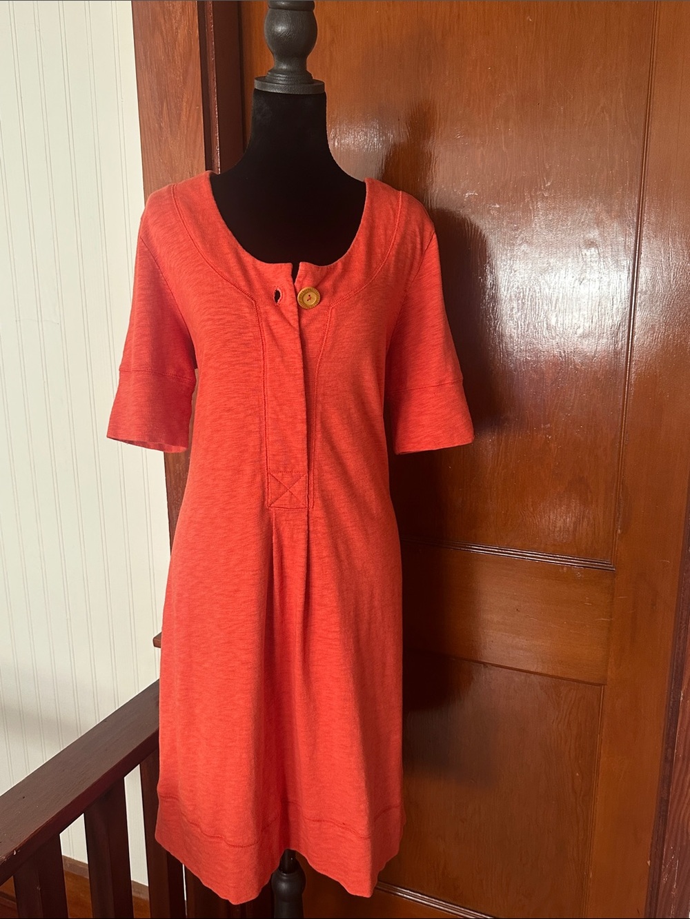 The Territory Ahead Cotton Rayon Coral Midi Knit Dress with Button Detail